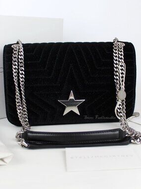 NEW STELLA MCCARTNEY Star Glittered Velvet Shoulder Bag - Black, Made in Italy
